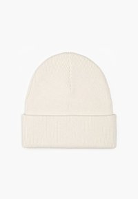 Berretto lavorato a maglia di colore bianco sporco, caratterizzato da un risvolto, texture a coste e cima senza cuciture. Adatto per un look casual in climi freschi.