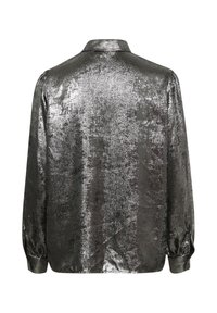 Metallic silver long-sleeve shirt with a collared neck, smooth texture, and gathered cuffs, featuring a shiny, reflective surface.
