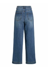 Bredbente blå denimjeans med høy midje, to baklommer og kontrasterende sømmer. Stoffet har en glatt, lett teksturert finish.