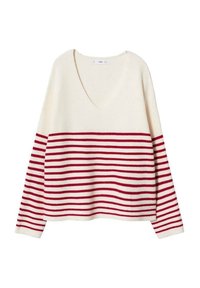 Pull-over en maille crème avec des rayures rouges horizontales, doté d'un col en V profond et d'une texture côtelée le long des manches et de l'ourlet.