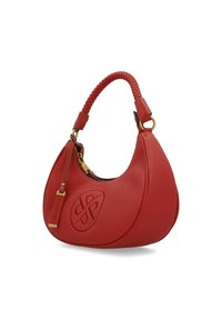 Red leather handbag with a curved shape, braided handle, gold hardware, and embossed logo detail. Smooth texture with zip closure.