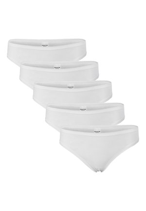 Culottes en coton blanc dans un pack de cinq, avec une texture lisse, une large ceinture élastique et un design minimaliste. Étiquette de la marque visible.