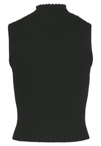 Schwarzes, geripptes, ärmelloses Top mit hohem, gerafftem Kragen und taillierter Silhouette, aus strukturiertem Material mit glatter Oberfläche.