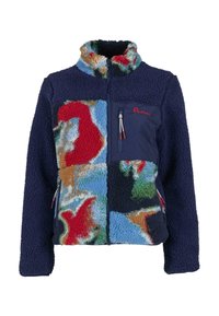 Fleece-pullover med et flerfarget abstrakt mønster, marineblå paneler, kvart-glidelås, og sidelommer med snor-detaljer.