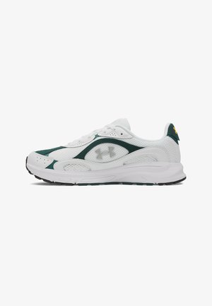 White athletic shoes with green accents, mesh and synthetic upper, round toe, laces, padded collar, and rubber sole.