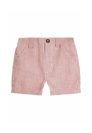 Pantaloni corti a righe rosse e bianche realizzati in tessuto leggero, con tasche frontali, orlo arrotolato e chiusura con bottone in metallo.