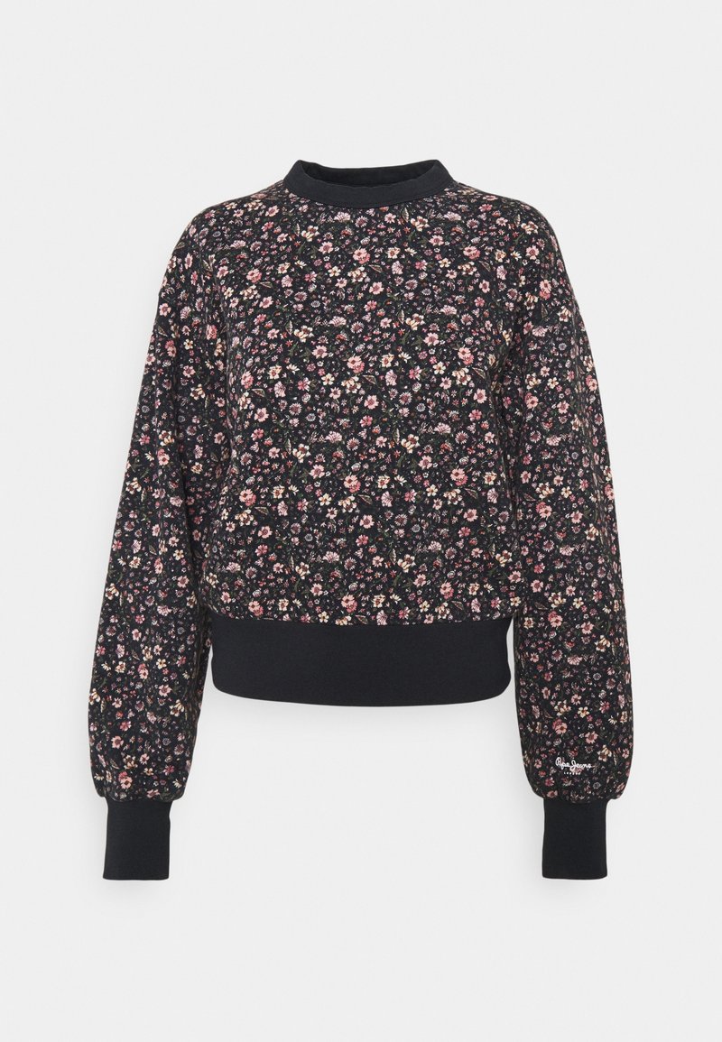 Sweat-shirt noir à manches longues avec petit imprimé floral rose et violet, col, poignets et ceinture côtelés, et petit logo brodé sur la manche.