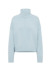 Light blue knitted turtleneck sweater with a loose fit, ribbed cuffs and hem, featuring a textured surface and dropped shoulders.