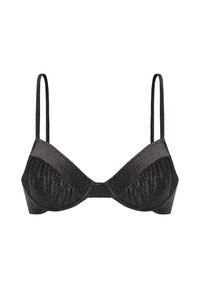 Czarny stanik o błyszczącej teksturze, z trójkątnymi miseczkami, regulowanymi ramiączkami i prostym zapięciem z tyłu. Gładkie wykończenie i minimalistyczny design.