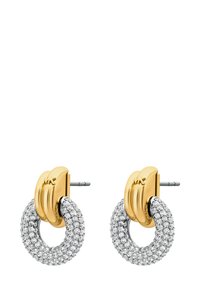 Náušnice ze zlatého tónovaného kovu s kruhovým designem zdobené mnoha průhlednými krystaly, s lesklým povrchem a zapínáním na patici.