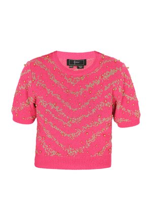 Corto maglione rosa a maglia con maniche corte, caratterizzato da fantasie a zigzag dorate e impreziosito da piccole perline dorate per texture e dettagli.