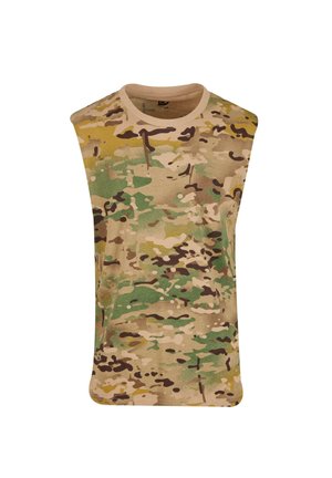 Débardeur camouflage en tons beige, vert et marron. Fabriqué en coton, il présente un col rond et une coupe décontractée.