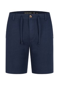 Navy blue shorts made of lightweight fabric, featuring a drawstring waist, single button closure, and subtle branding on the side.