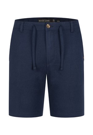 Shorts bleumarin dintr-un material ușor, cu talie elastică cu șnur, închidere cu un singur nasture și branding subtil pe lateral.