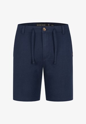 Pantaloni shorts blu navy realizzati in tessuto leggero, con vita regolabile tramite cordoncino, chiusura con un bottone e un logo discreto sul lato.
