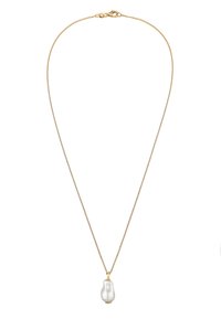 Guld kædelynt med en tekstureret, uregelmæssigt formet hvid perlepandant. Pendanten hænger fra en delikat, tynd lenkekæde.