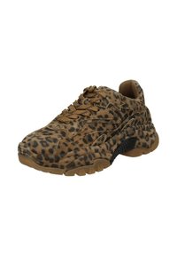 Sneaker con stampa leopardata in marrone e nero, dotata di una tomaia texturizzata, chiusura con lacci e una suola in gomma con battistrada strutturato per una presa ottimale.