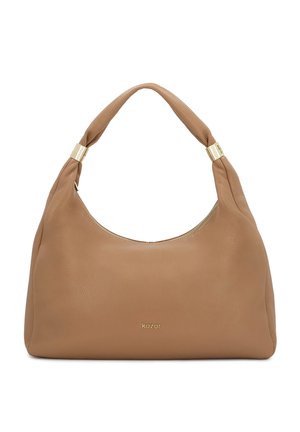 Borsa in pelle beige morbida con manico arrotondato, rifinita con dettagli in metallo dorato e piccolo logo "kazar" dorato sulla parte frontale.