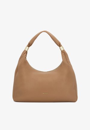 Zachte lichtbruine leren handtas met een afgeronde handgreep, voorzien van gouden accenten en een klein gouden "kazar" logo aan de voorkant.