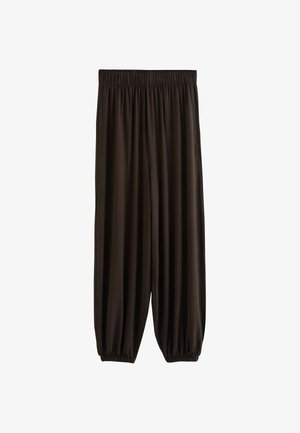 Pantaloni negri largi, cu talie elastică și manșete elastice pe fundal alb.