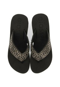 Tongs noires avec un semelle texturée et une lanière décorative à motifs ornée d'accents de perles noires et argentées.