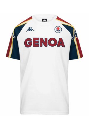 Maglia sportiva bianca del Genoa con pannelli rossi, blu navy e gialli sulle maniche, loghi Kappa e stemma rosso con grifone sul petto.