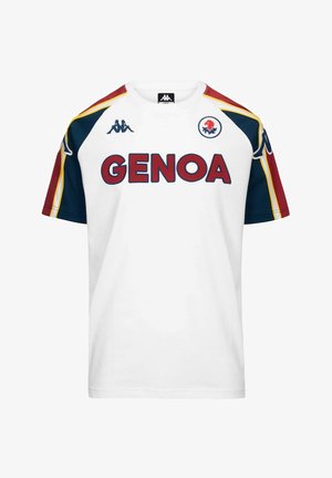 Maglia sportiva bianca del Genoa con pannelli rossi, blu navy e gialli sulle maniche, loghi Kappa e stemma rosso con grifone sul petto.