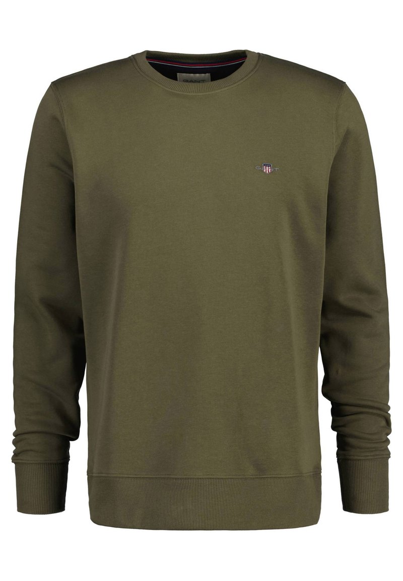 Olive-green sweatshirt with long sleeves, ribbed cuffs, and a crew neckline. Features a small embroidered logo on the chest.