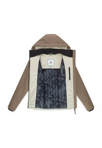 Giacca con cappuccio marrone, con fodera interna beige e nera, presenta una sezione interna a motivo trapuntato e una tasca con zip sul lato destro interno.