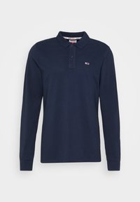 Polo a maniche lunghe blu navy in cotone, con colletto a due bottoni, polsini a costine e un piccolo logo sul petto.