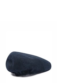 Donkerblauwe vlakpet met visgraatmotief en een elastiek aan de achterkant, afgebeeld tegen een witte achtergrond.