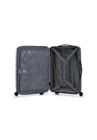 Valise rigide avec fermeture éclair, extérieure noire, intérieur gris doublé, poche en maille avec fermeture éclair, sangles croisées et quatre roues pour la mobilité.