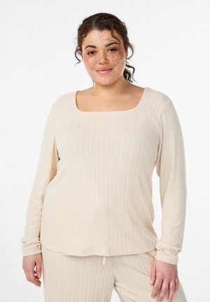 MIT ECKIGEM AUSSCHNITT UND STRUKTUR - Tops ar garām piedurknēm - oatmeal mel