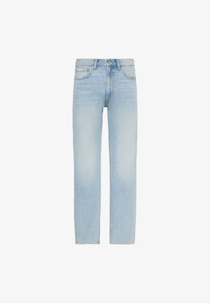 Lichtblauwe straight-leg spijkerbroek met knoopsluiting aan de voorkant en een ontwerp met vijf zakken, inclusief een klein Calvin Klein-label op de voorzak.