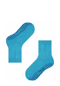Türkise Baumwollsocken mit einer strukturierten Oberfläche und kontrastierenden lila Gummipunkten an der Sohle für Griffigkeit. Knöchelhöhen-Design.