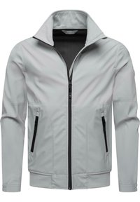 Light gray jacket with a high collar, zippered front, and black accents. Features two side pockets and a fitted waistband. Smooth texture.