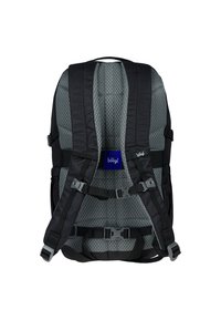Zaino nero con retro imbottito grigio, spallacci regolabili e molteplici fibbie. Presenta un'etichetta con logo blu sul pannello posteriore.