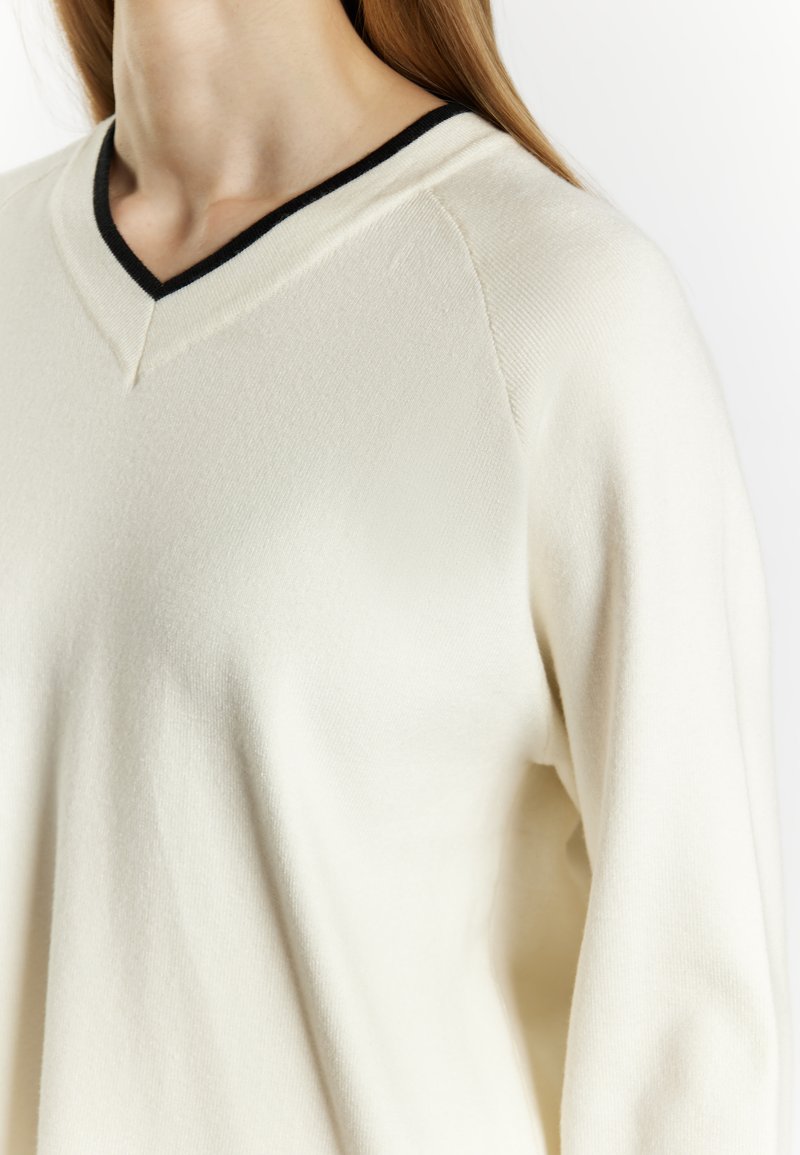 Helle Cremepullover mit V-Ausschnitt, der einen kontrastierenden schwarzen Saum entlang des Halsauschnitts hat, aus einem weichen, strukturierten Stoff gefertigt.