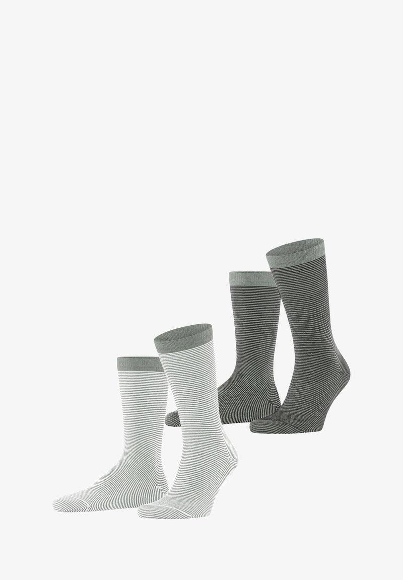 Quatre paires de chaussettes en gris et blanc, présentant des rayures alternées fines et épaisses, avec un poignet côtelé pour un maintien sécurisé.