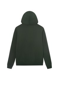 Temnozeleni hoodie s sprednjim žepom, rebrastimi manšetami in pasom. Ima velik kapuco in preprost, brezšiven dizajn. Mehka tekstura tkanine.