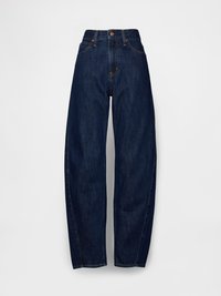 Dunkelblaue, hochgeschnittene Jeans aus Denim mit lockerem Schnitt, ausgestattet mit fünf Taschen, einem einzigen Knopf vorne und gesteppten Details entlang der Nähte.