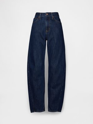 Dunkelblaue, hochgeschnittene Jeans aus Denim mit lockerem Schnitt, ausgestattet mit fünf Taschen, einem einzigen Knopf vorne und gesteppten Details entlang der Nähte.