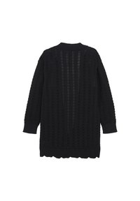 Schwarzer, gestrickter Pullover mit einem strukturierten Muster, langen Ärmeln, einem gerippten Kragen und einem gewellten Saum. Verfügt über durchbrochene Muster überall.