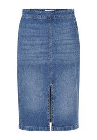 Fustă din denim, tip creion, cu o croială de lungime medie, având o deschidere frontală. Culoare bleu deschis, detalii vizibile ale cusăturii și un design clasic al brâului.