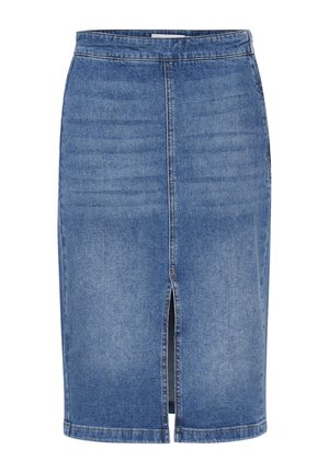 Gonna a matita in denim di lunghezza media, con uno spacco frontale. Colore azzurro chiaro, dettagli cuciti a vista e design classico della vita.