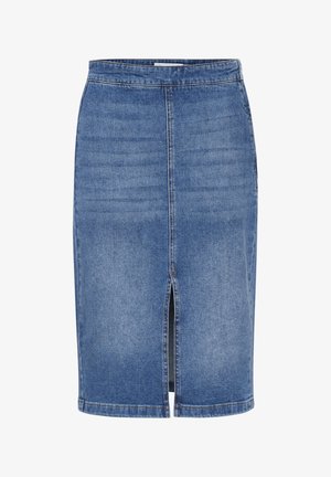 Gonna a matita in denim di lunghezza media, con uno spacco frontale. Colore azzurro chiaro, dettagli cuciti a vista e design classico della vita.