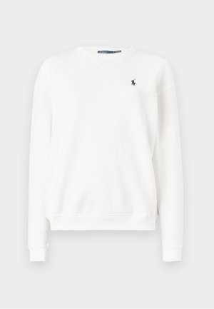 White long-sleeve crewneck sweatshirt with small black logo of a polo player on the left chest.