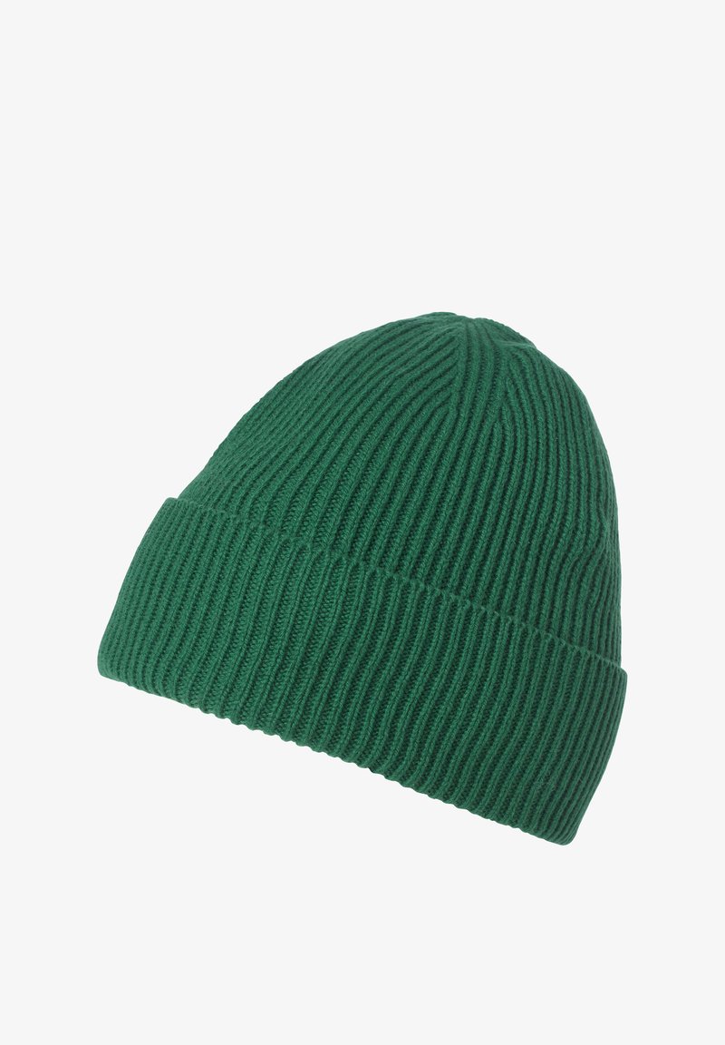 Green ribbed knit beanie with a turned-up cuff. Made from thick yarn, featuring vertical texture and a rounded top.