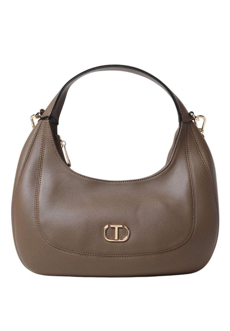 Bruine leren handtas met een zachte vorm, gouden accenten en een afgeronde schouderriem. Voorzien van gestikte details en een logo-accent.