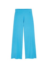 Niebieskie szerokie spodnie wykonane z miękkiego materiału, z elastycznym paskiem w talii i subtelnymi bocznymi kieszeniami, o gładkiej strukturze i bez widocznych wzorów.
